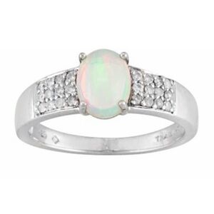 Oval Cabochon Ethiopian Welo Opal & White Diamond Sterling Silver Ring Size 5